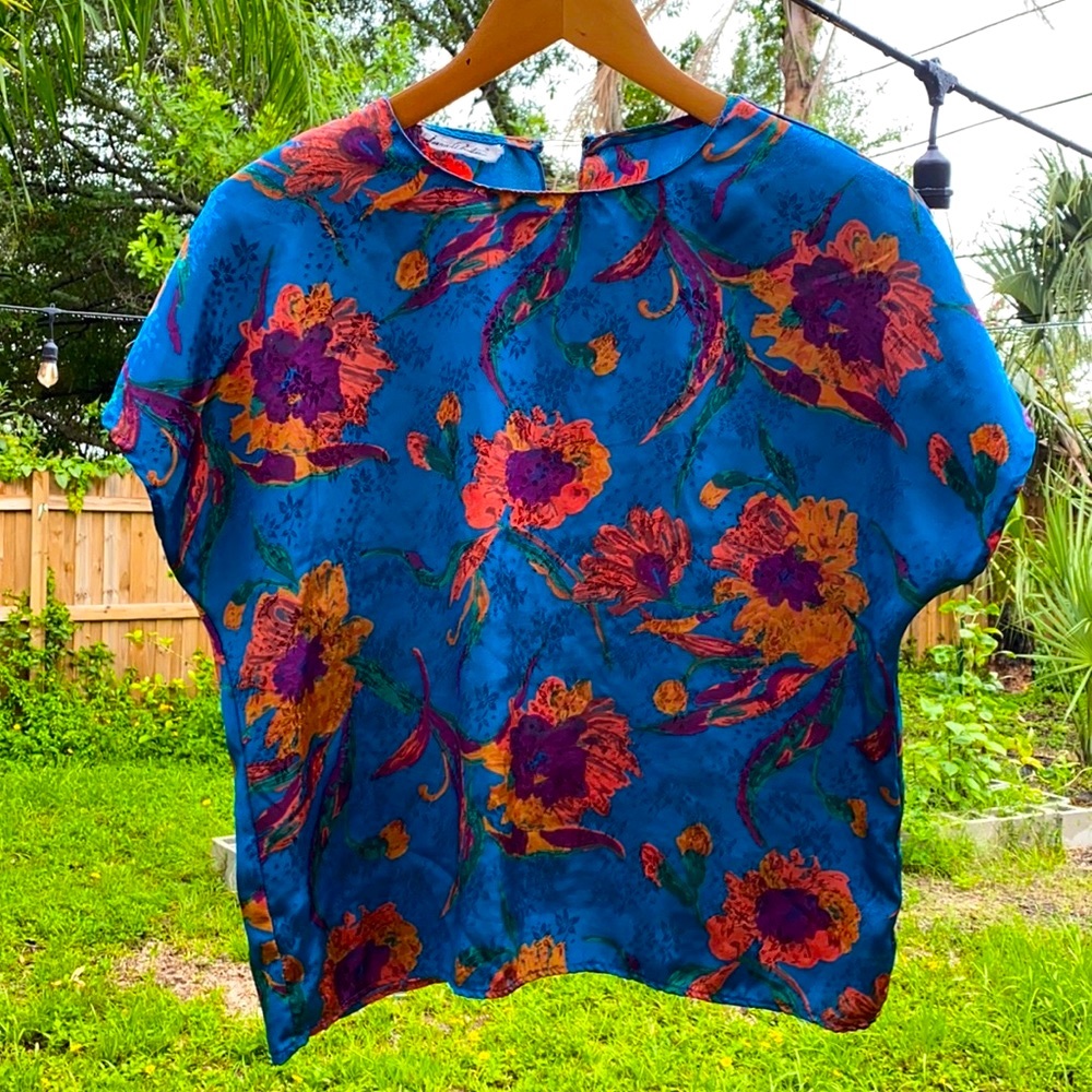 Vintage floral sunflower print 80s blouse